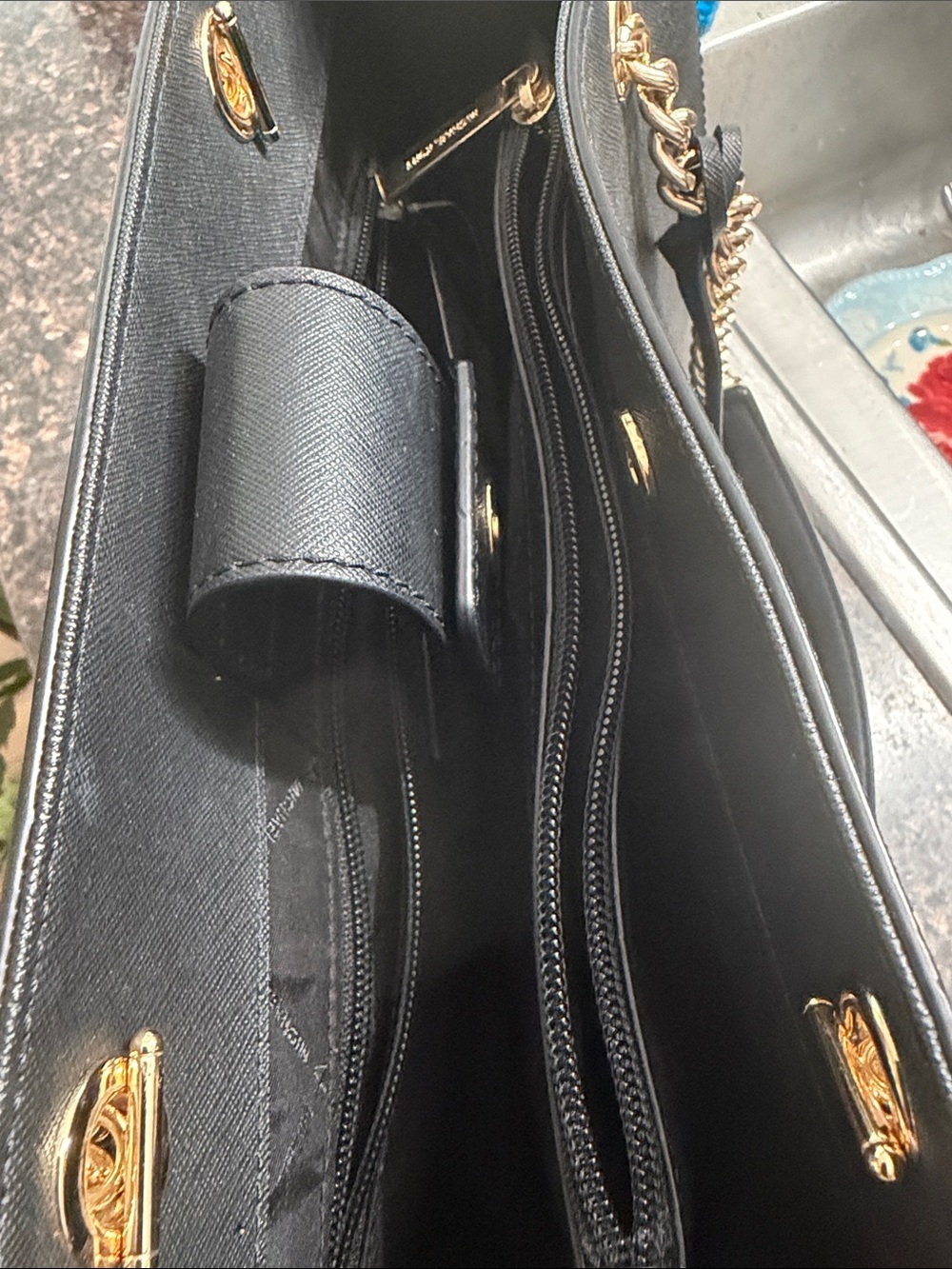 Michael Kors Black Leather Tote with Gold Chain Straps - Picture 11 of 11